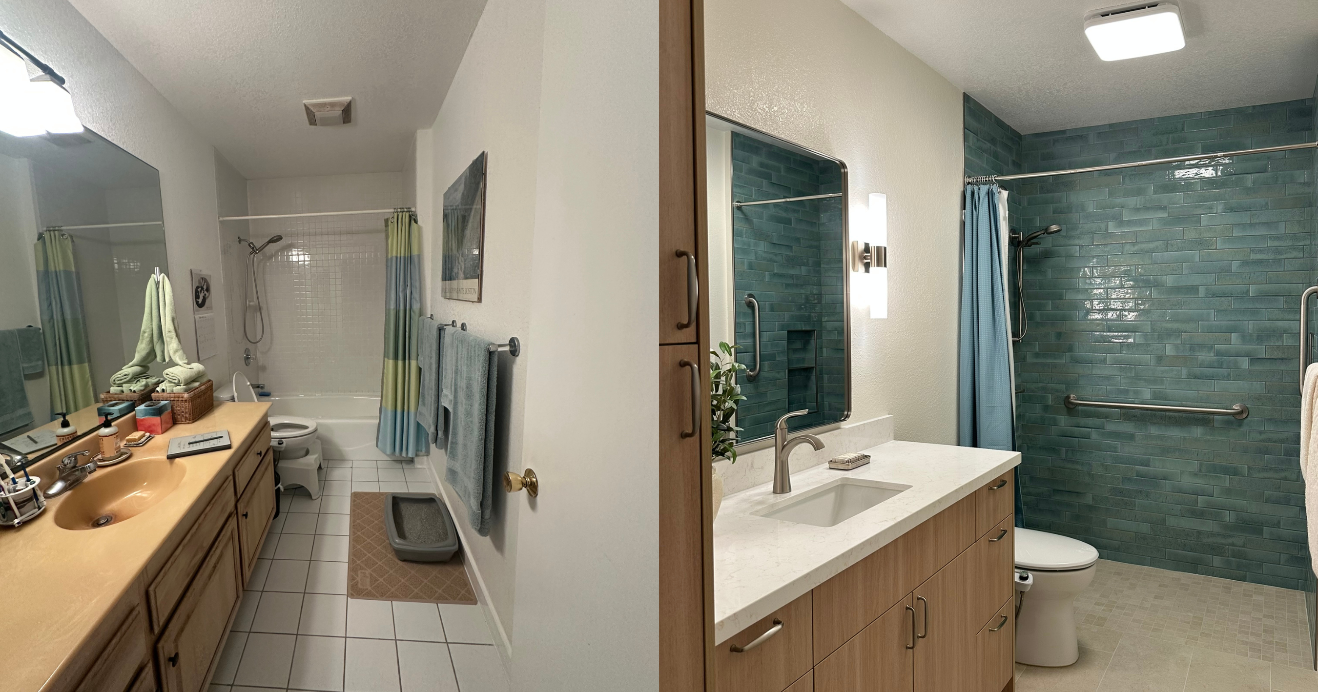Before-and-after Kailua bathroom remodel showing a tub-to-walk-in-shower conversion with neutral tile, brushed nickel fixtures, and aging-in-place features.