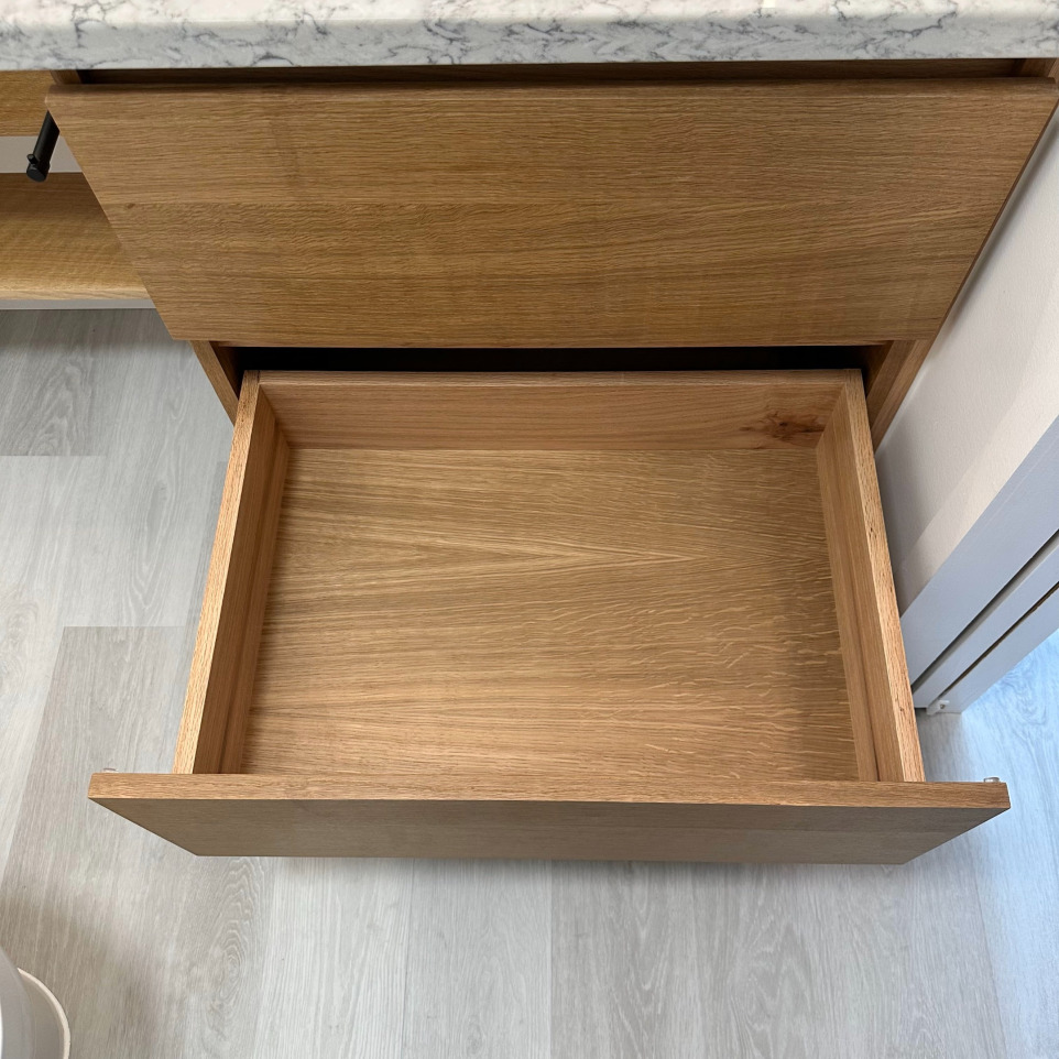 Custom oak vanity: drawer open