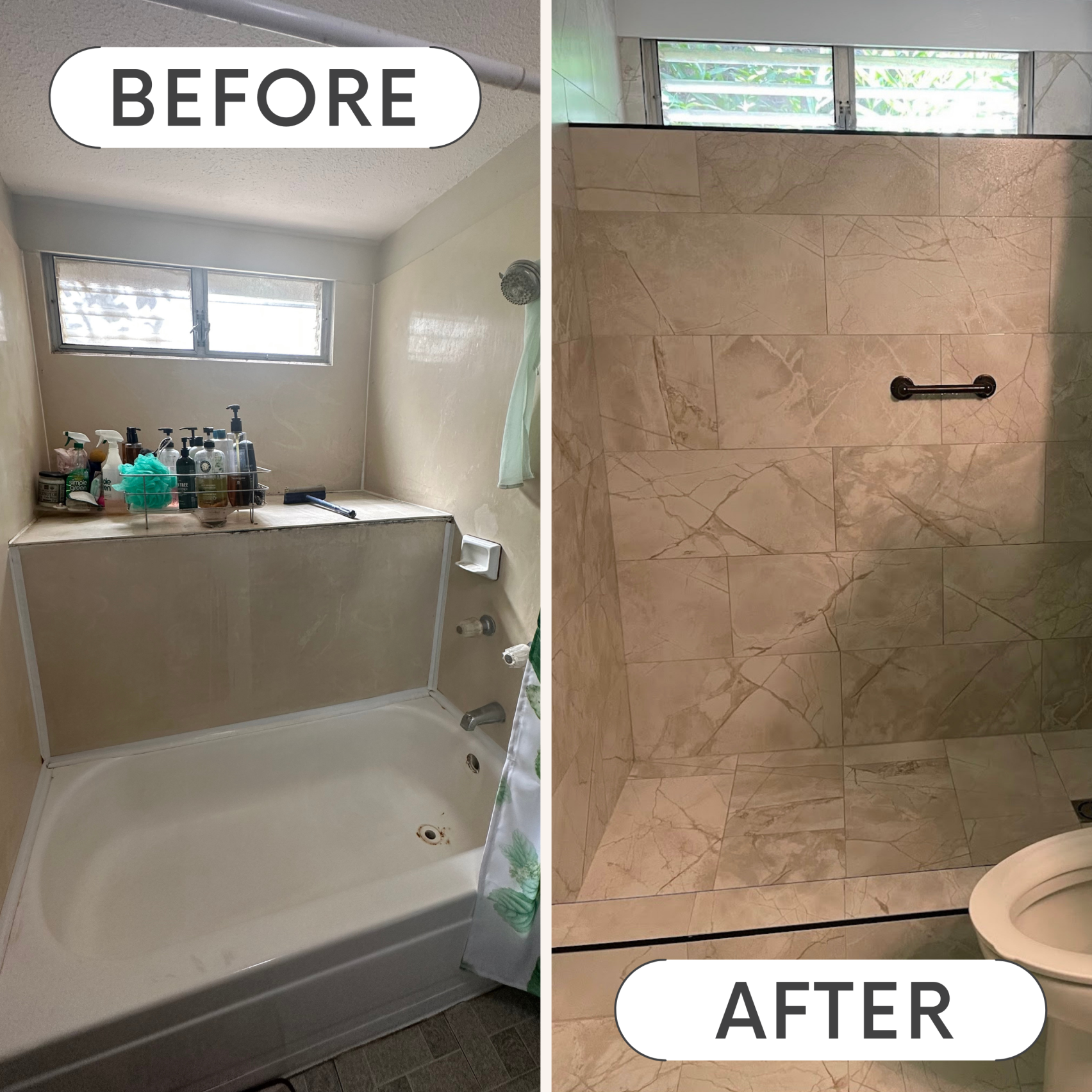 Before and after photo featuring tub to shower conversion