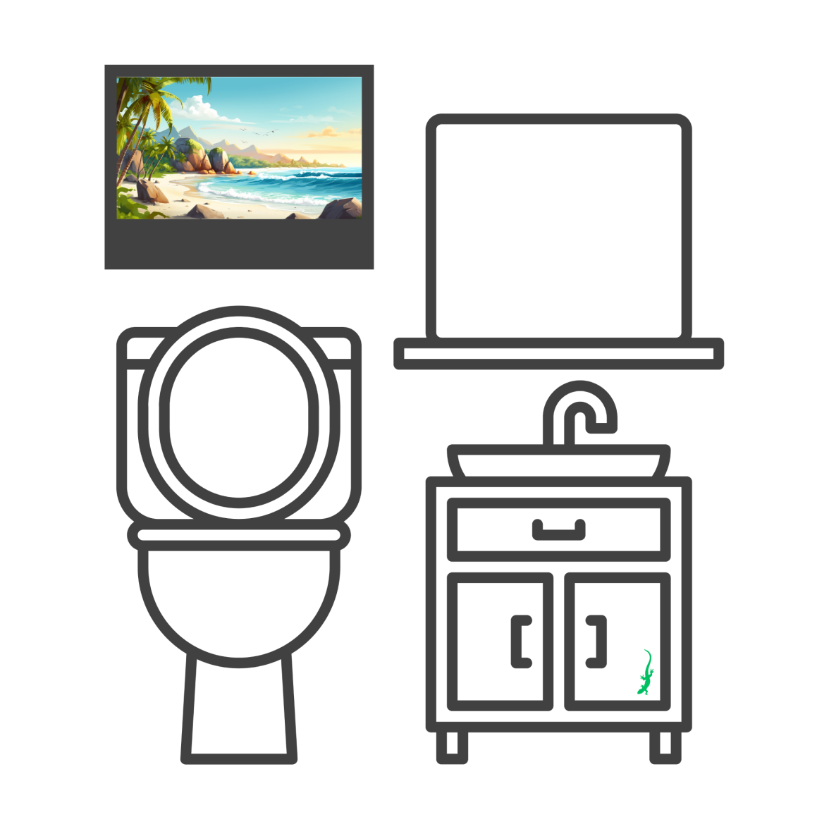 Graphic of bathroom with island artwork