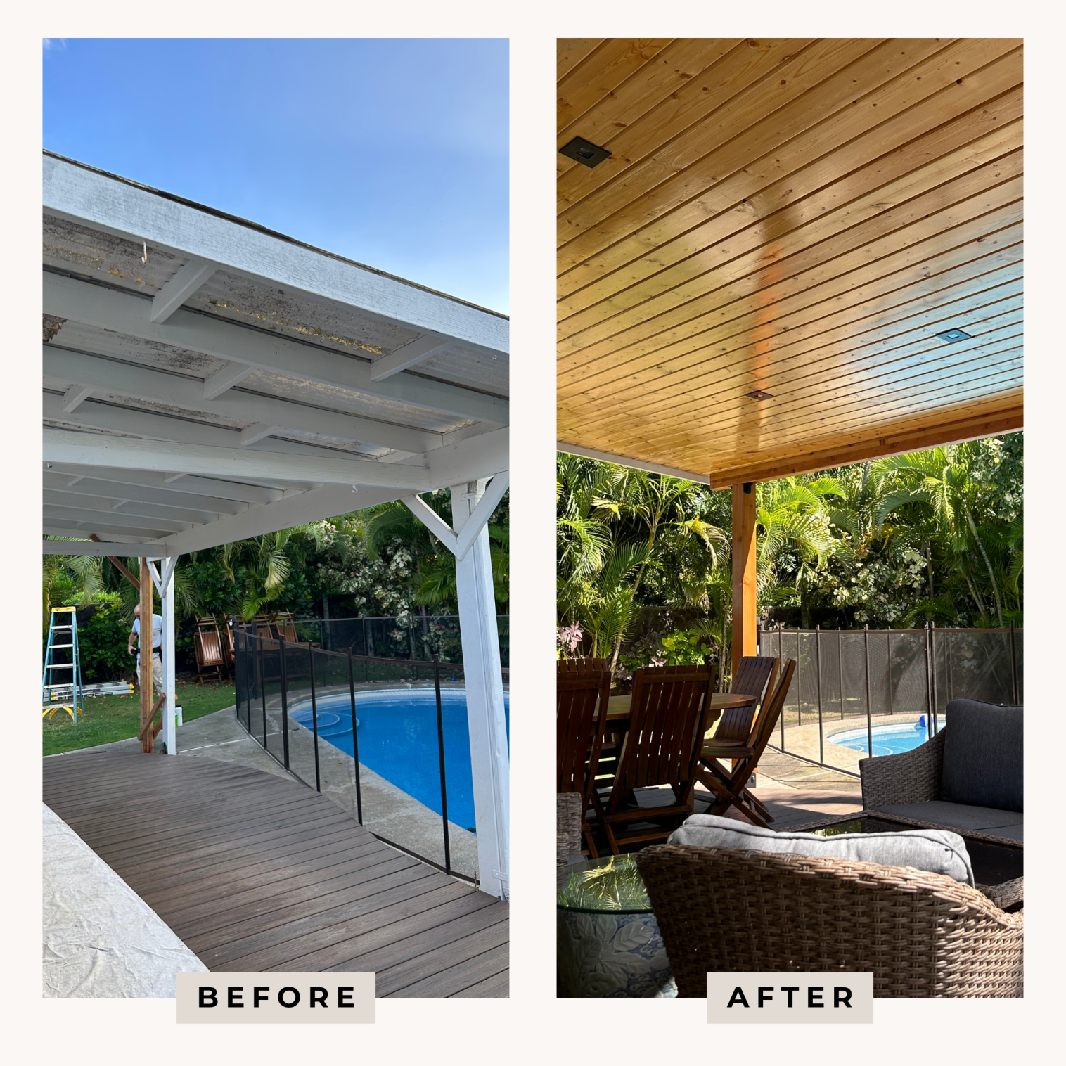 Before & After: Custom pergola in backyard with natural wood design