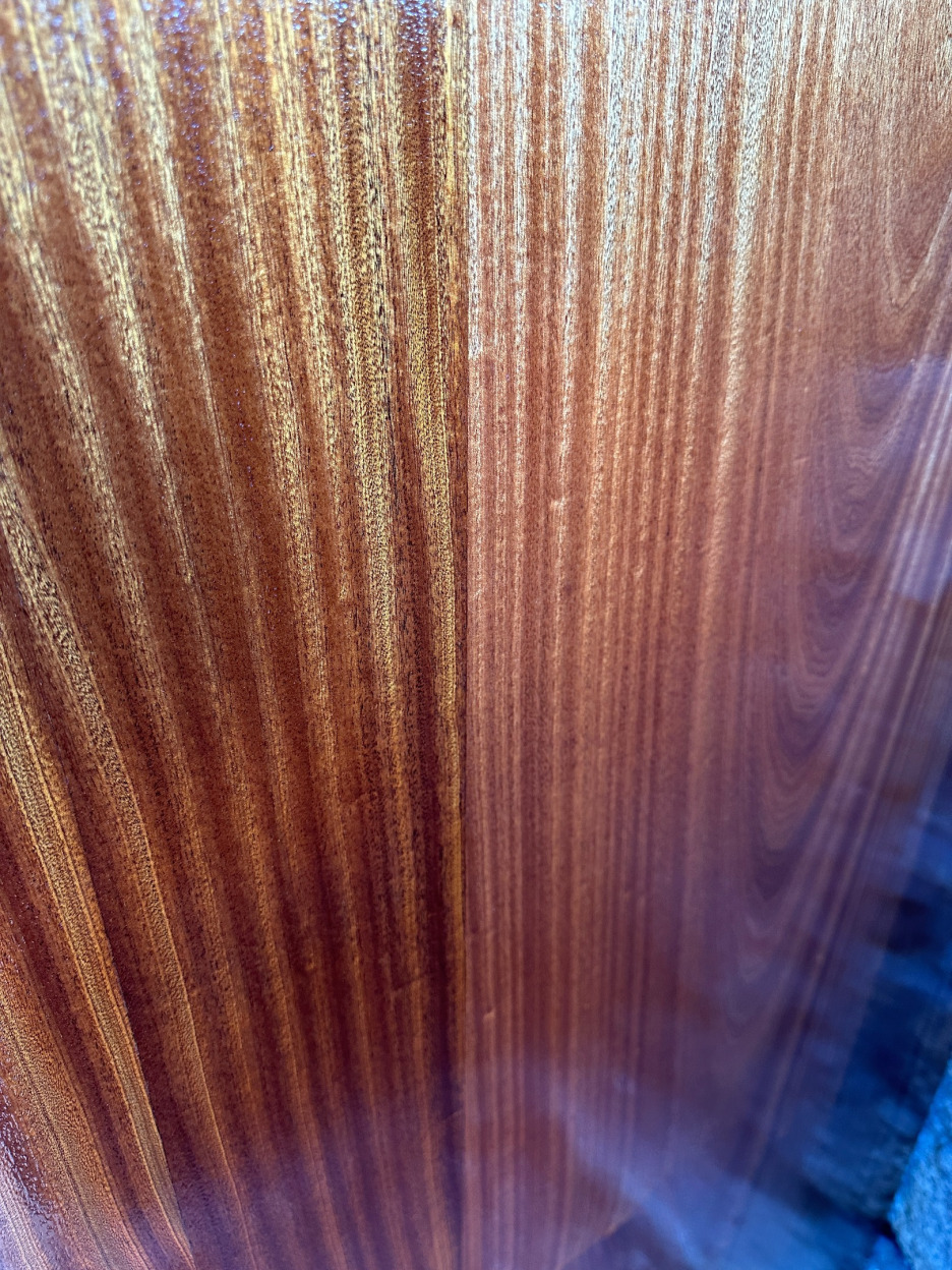 Close up of sapele wood after clear coat